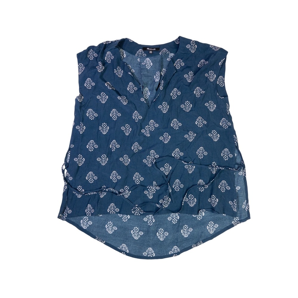 Madewell Womens Blue Floral Block Print‎ Sleeveless V-Neck Side Tie Blouse XXS